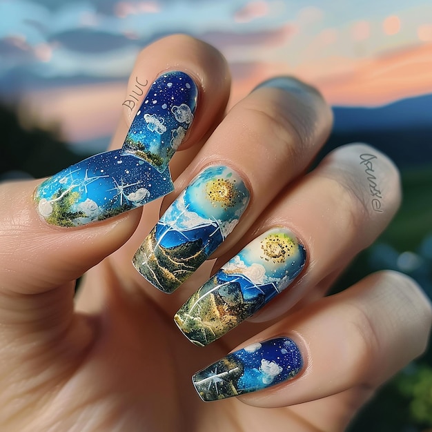 nail art of A part of the clear summer sky is cut open to reveal the starry sky A part of the clear