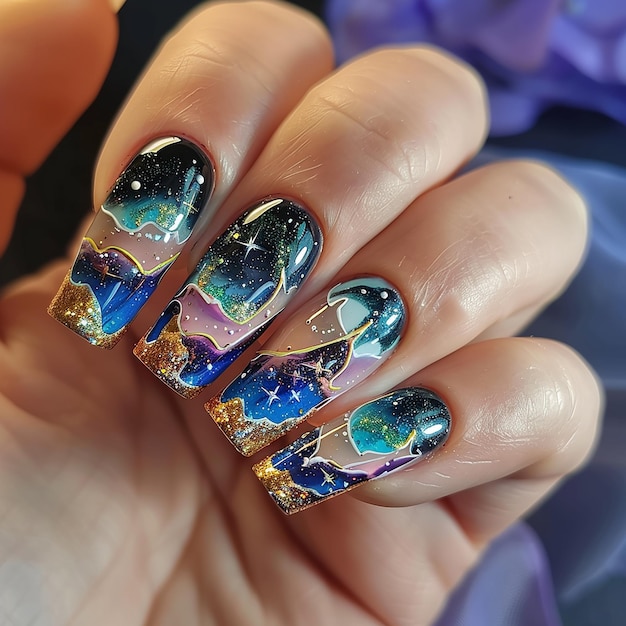 nail art of A part of the clear summer sky is cut open to reveal the starry sky A part of the clear