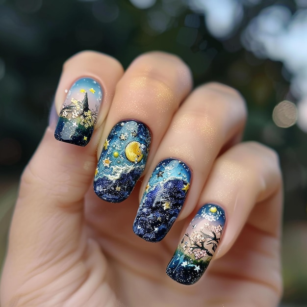 nail art of A part of the clear summer sky is cut open to reveal the starry sky A part of the clear