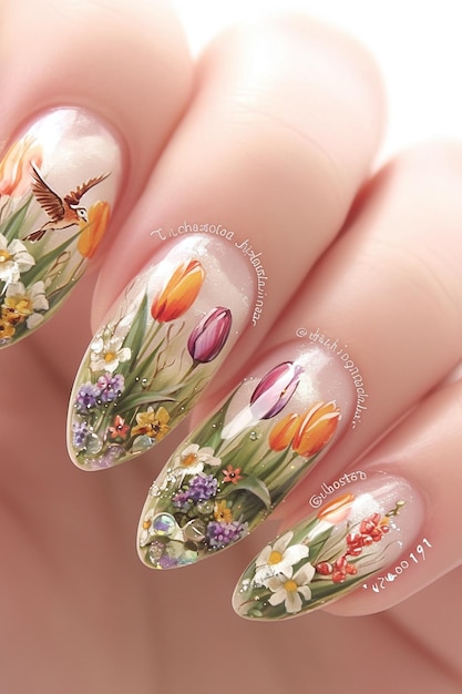 nail art for springtime with a flower on the right hand