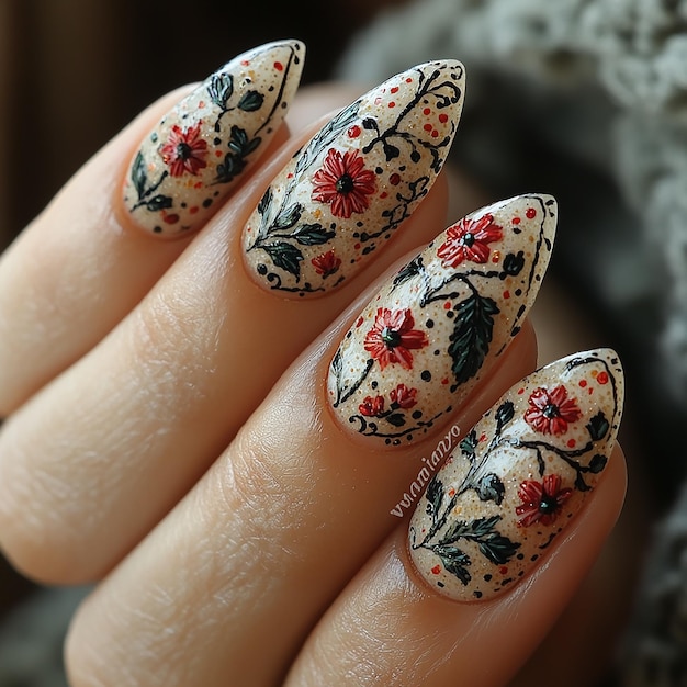 Photo nail art of traditional rugembroidery nailsbeautifulphotorealistic