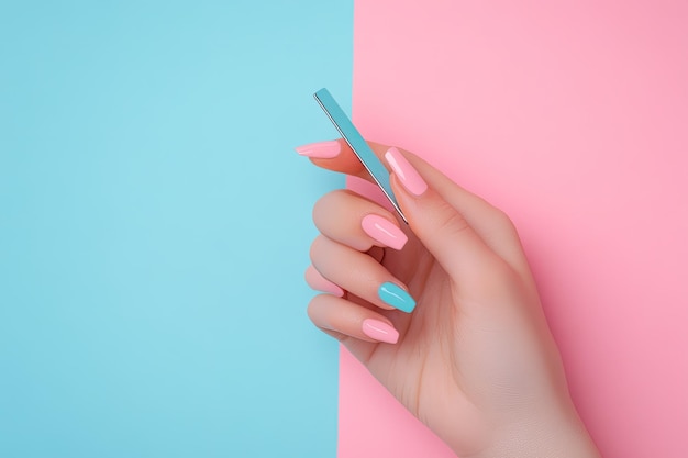 Photo nail art with hand holding file