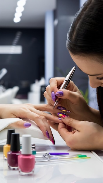 Nail artist making manicure at salon using manicure tools