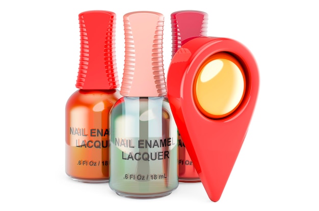 Nail enamel polish bottles with map pointer 3D rendering