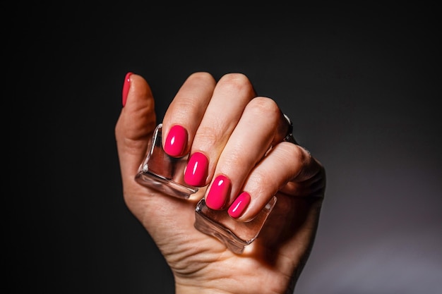 Nails Design Hands With Pink Summer Manicure On Grey Background Close Up Of Female Hands Art Nail