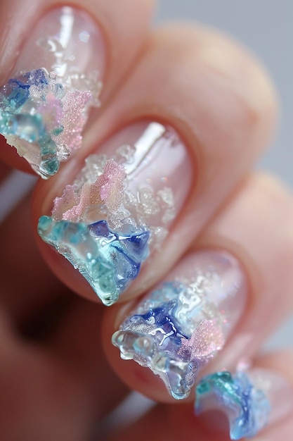 nails with blue and pink glitter and a touch of glitter