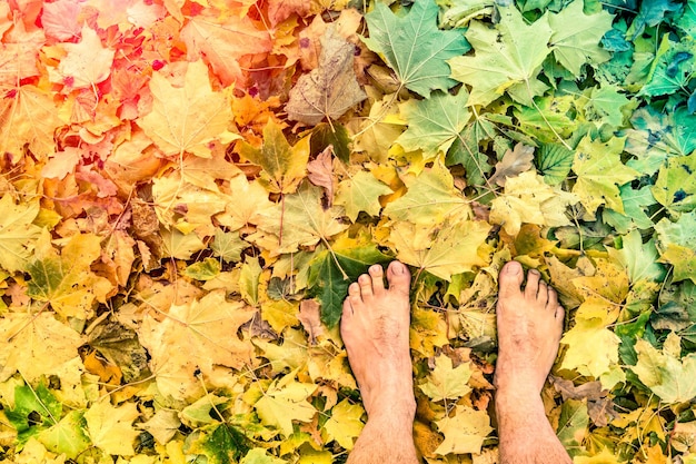 Naked barefoot on leaves park ground Freedom wanderlust lifestyle and emotional feelings