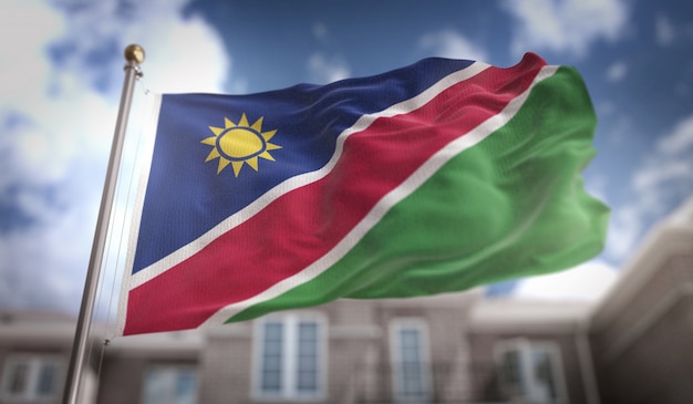 Namibia Flag 3D Rendering on Blue Sky Building Background 