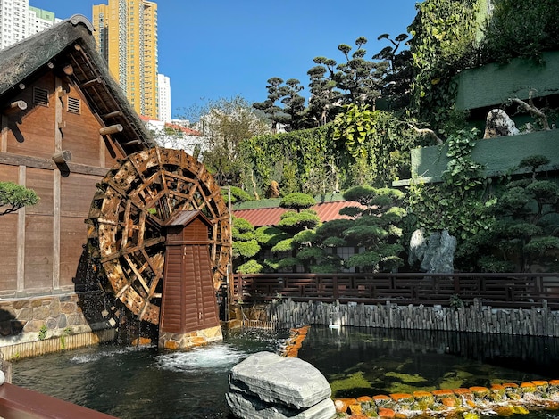 Nan Lian GardenChinese outdoor public garden park with lots of trees pond and pagoda in Hong Kong