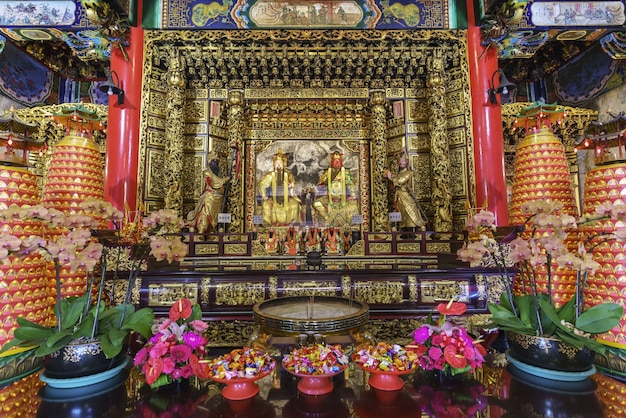 Nantou County , Taiwan - June 1 , 2018 : Confucius Shrine in the central hall with Guan yu on the altar at Sun Moon Lake Wen Wu Temple