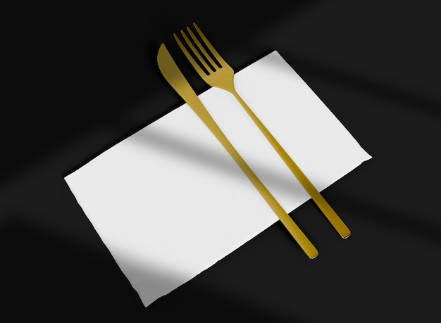 Napkin with Golden Fork and Knife on Black Background