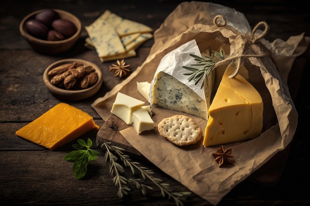 A napkin on a wooden table with different types of cheeses and crackers ready for a cheese board experience