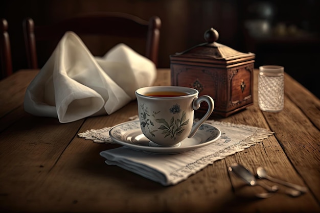 A napkin on a wooden table with an oldfashioned tea set and sugar cubes in the background