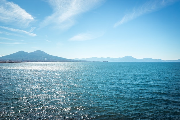 Naples, Campania, Italy. View of the bay, sea and Mount Vesuvius Volcano