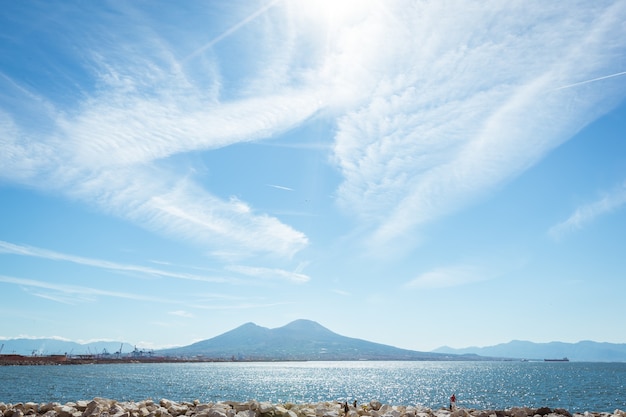 Naples, Campania, Italy. View of the bay, sea and Mount Vesuvius Volcano