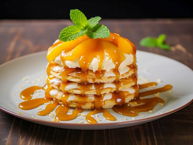 Napoleon cake with caramel sauce served in Japanese style generated ai