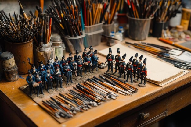 Photo napoleonic era lead soldiers on a craftsmans desk