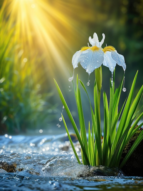 Narcissus grows in water A bubbling spring stream of water The lights of a sun Vertical format