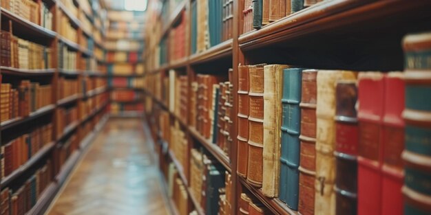 Narrow aisle in an old library filled with rows of vintage books creating a cozy scholarly atmosphere