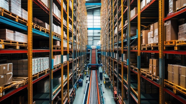 A Narrow Aisle Warehouse with High Shelves Packed with Cardboard Boxes