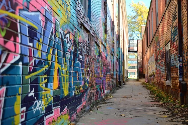 A narrow alleyway between brick buildings with colorful graffiti art Colorful graffiti on the walls of campus buildings