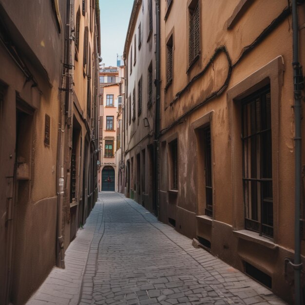 A narrow alleyway between two buildings in a