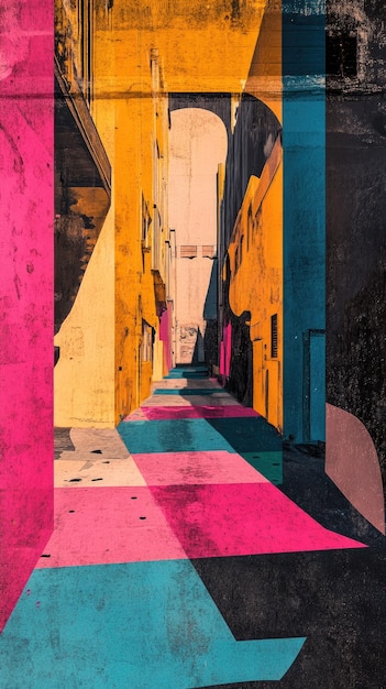 Photo a narrow alleyway with vibrant colors and geometric shapes capturing the essence of urban