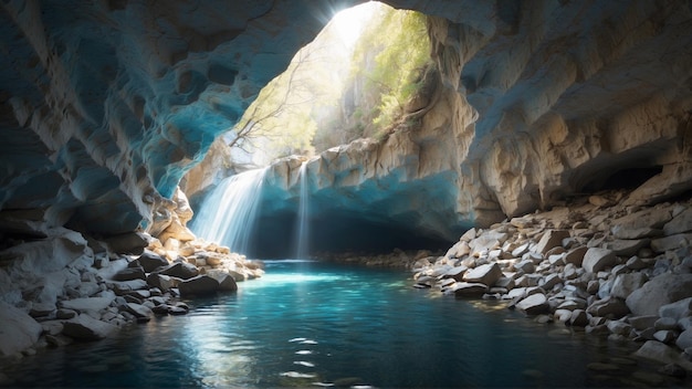 A narrow cave in which a river flows with clear blue water with sunlight from a small hole