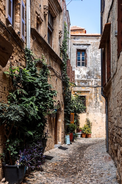 Narrow cobbled historical streets in Old Town of Rhodes Dodecanese Greece