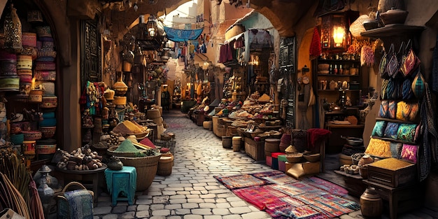 Narrow cobblestone alleyway lined with colorful shops selling spices fabrics and other goods in an ancient city