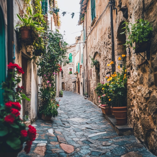 Photo narrow cobblestone street lined with old stone buildings and lush greenery in a charming european town