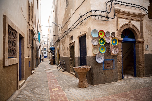 Narrow colorful street in the old medina of Essaouira in Morocco