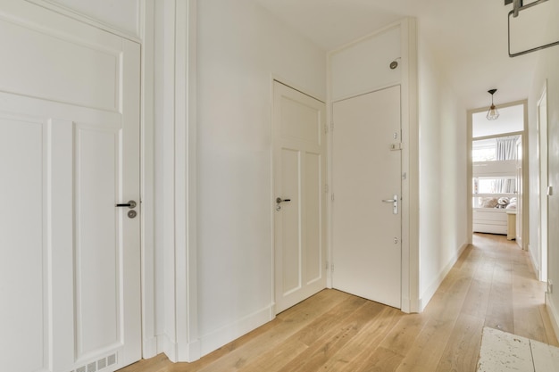 Narrow corridor with doors and lamp