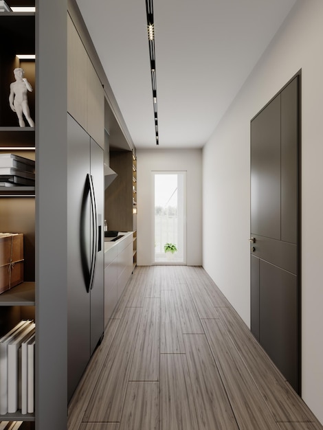 Narrow kitchen interior with kitchen furniture with shelves and decor in brown