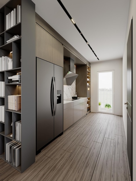 Narrow kitchen interior with kitchen furniture with shelves and decor in brown