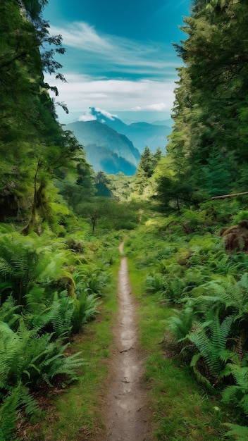 A narrow path leads into a peaceful mountain clearing in a lush green pacific temperate rain forest