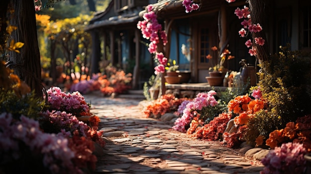 Narrow pathway in a garden surrounded by a lot of colorful flowers