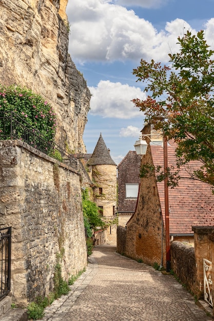 Narrow pedestrian street of medieval La Roque Gageac, Dordogne department, New Aquitaine, France