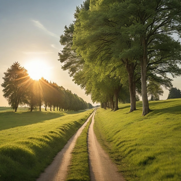 Narrow Road in Green Grassy Field