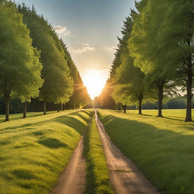 Narrow Road in Green Grassy Field