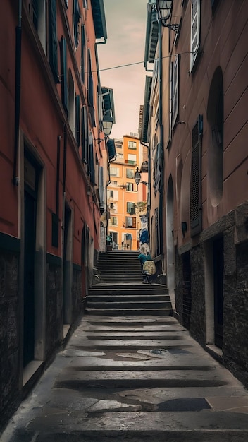 Narrow stairway through buildings in Italy