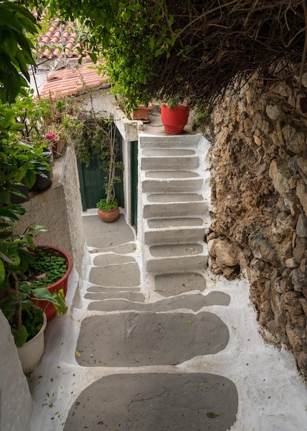 Narrow steps in ancient neighborhood of Anafiotika in Athens by the Acropolis