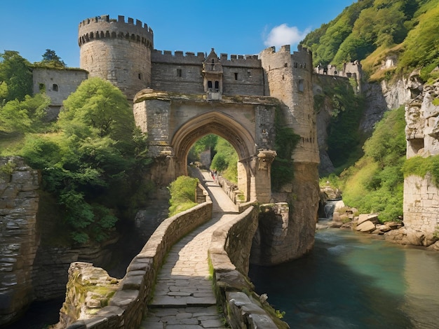 A narrow stone bridge leading to a medieval castle