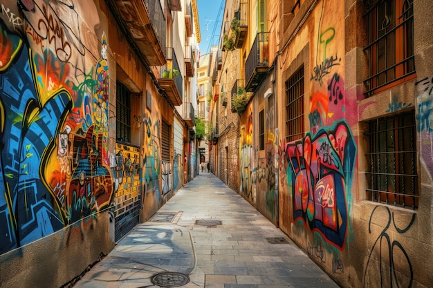 Photo narrow street with colorful graffiti in barcelona during daytime