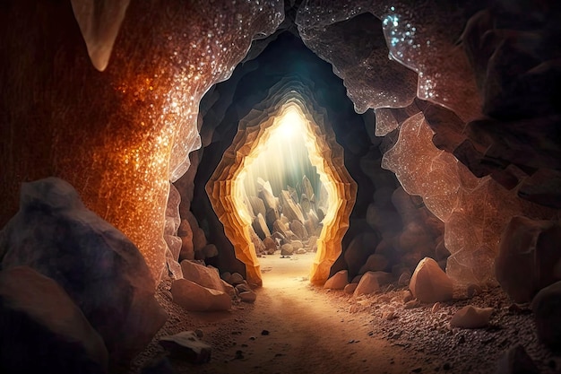 Narrow tunnel in rock with transparent beautiful crystals