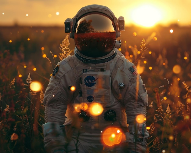 NASA astronaut with sunset reflecting on visor An astronaut in a full NASA spacesuit stands amidst a field with sunset reflecting on the helmet visor