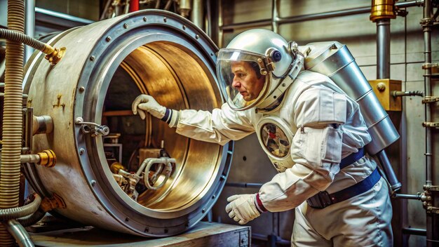 Photo nasa technician opens pressure chamber for space suit testing generative ai