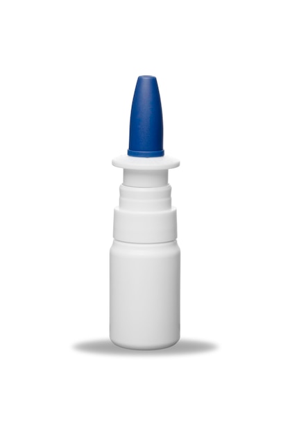 Nasal spray plastic bottle with blue cap and soft shadow isolated on white background Pharmaceutical packaging mockup