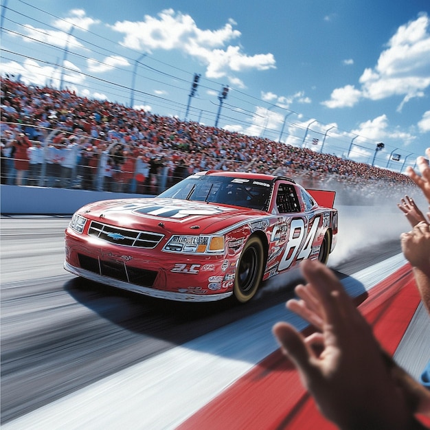 Photo a nascar car crossing the finish line with fans in the stands cheering