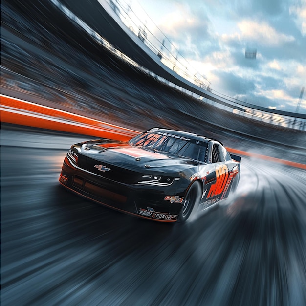 A NASCAR car in full race mode speeding on a highbanked oval track